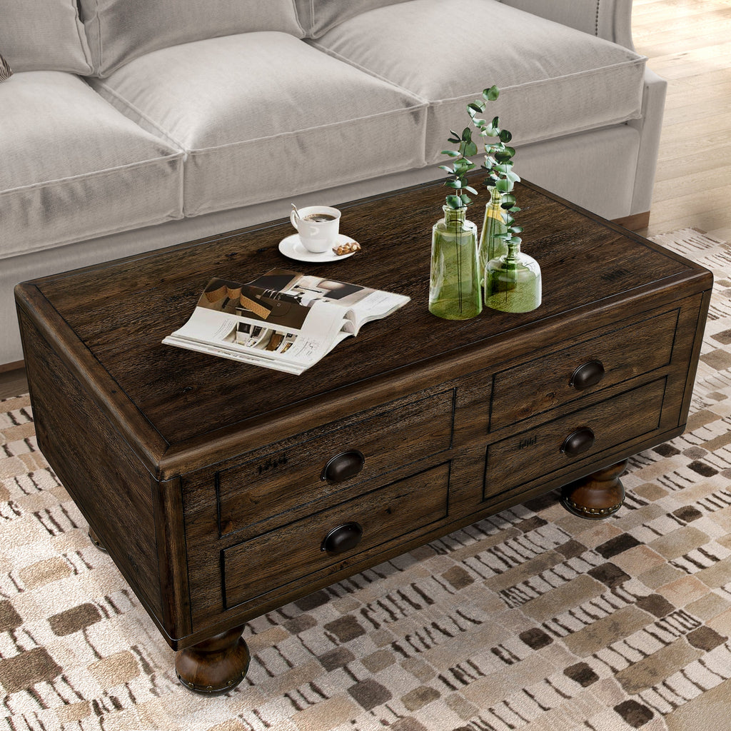 Solid Wood Rectangle Coffee Table for Living Room, 40-Inch Antique Coffee Table with 4 Drawers, Wood Center Table Tea Table with Rivet Decoration Legs.Easy Assembly, Espresso
