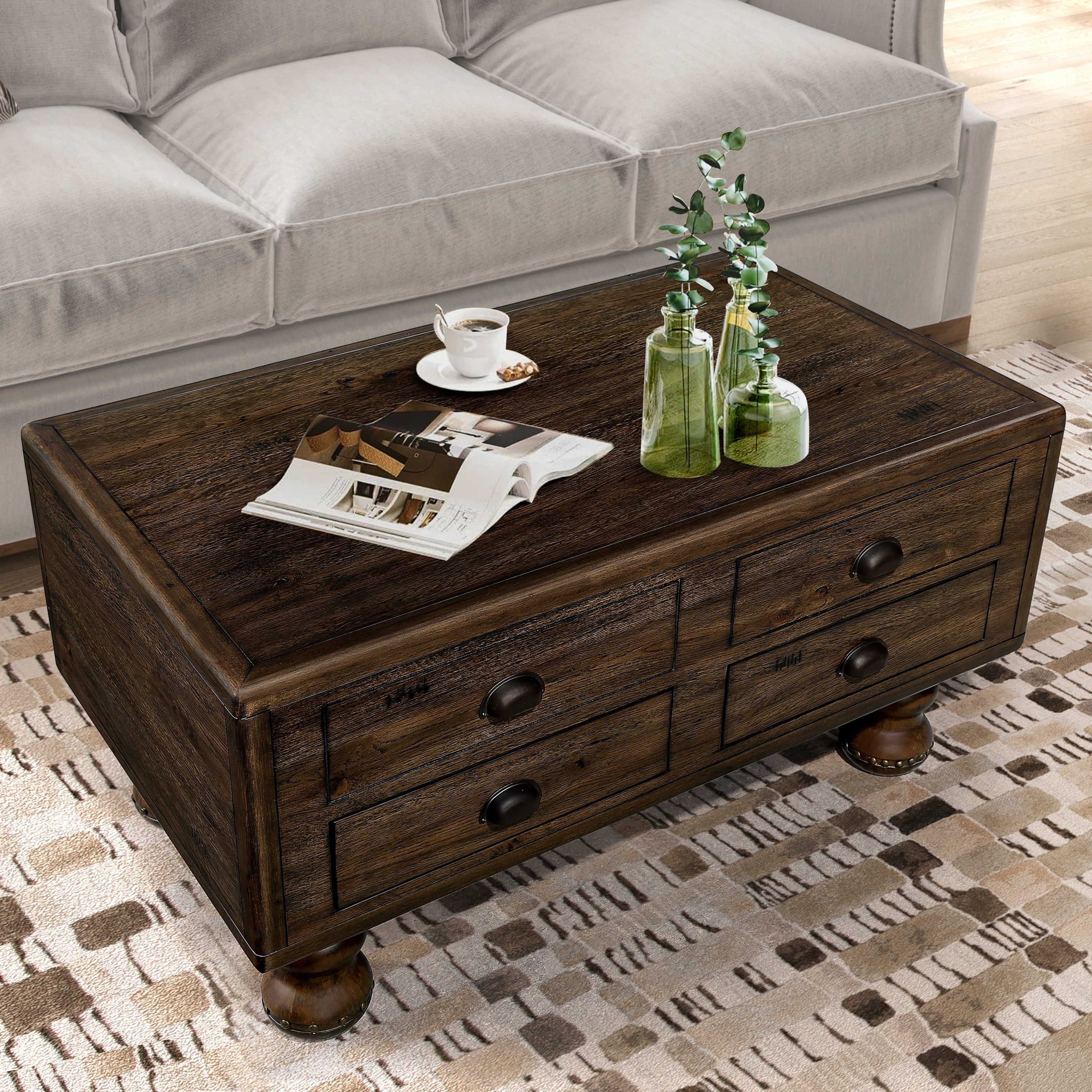 Rectangle Living Room Coffee Table Set,  3-Piece Solid Wood Living Room Table Set, 1 Coffee Table and 2 End Table, Wood Center Table Tea Table Set with Rivet Decoration Legs.Espresso