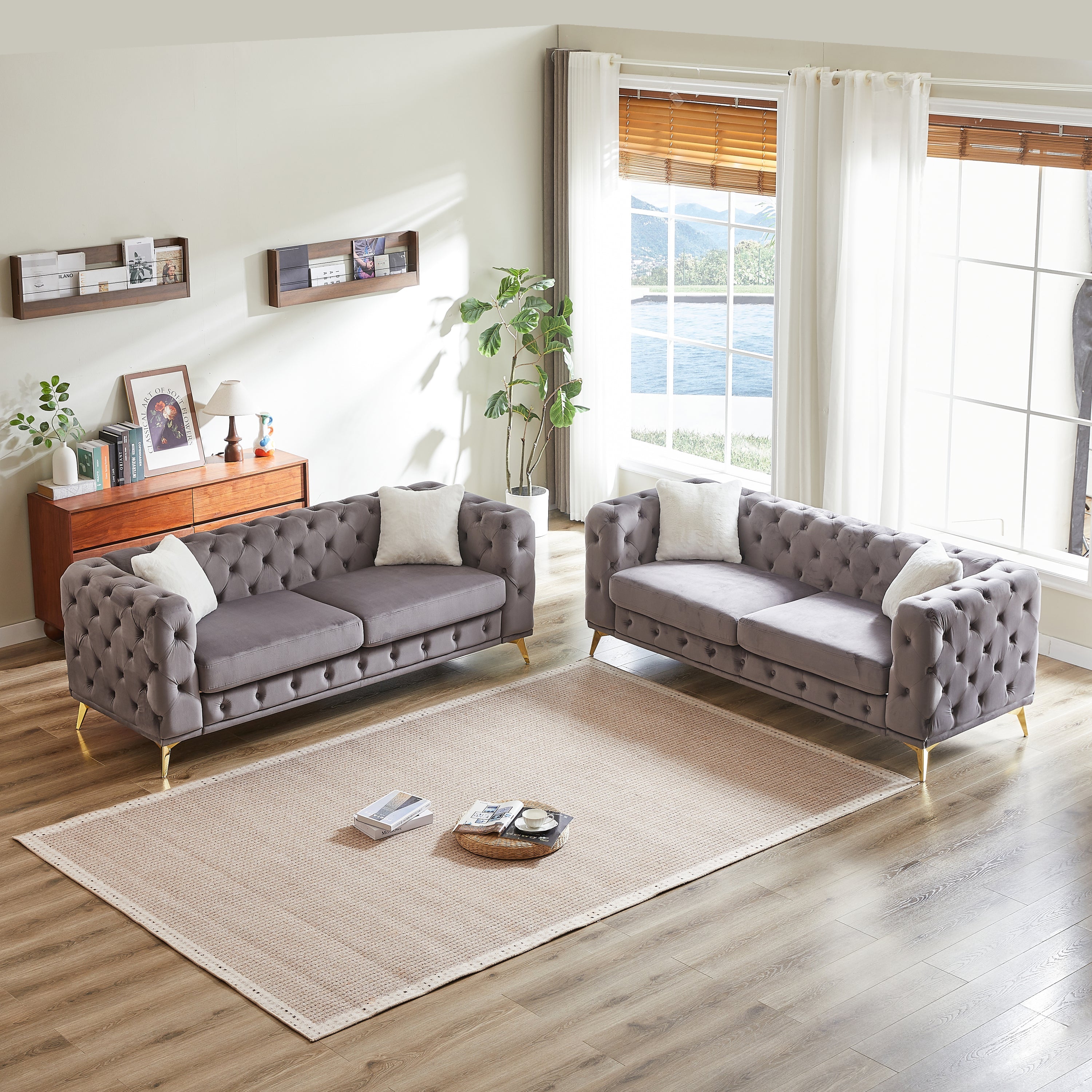 FX 3 seater + 3 seater combo sofa Velvet modern living room sofa with solid wood frame and metal feet, 4 cushions, apartment sofa furniture for living room, living room, office