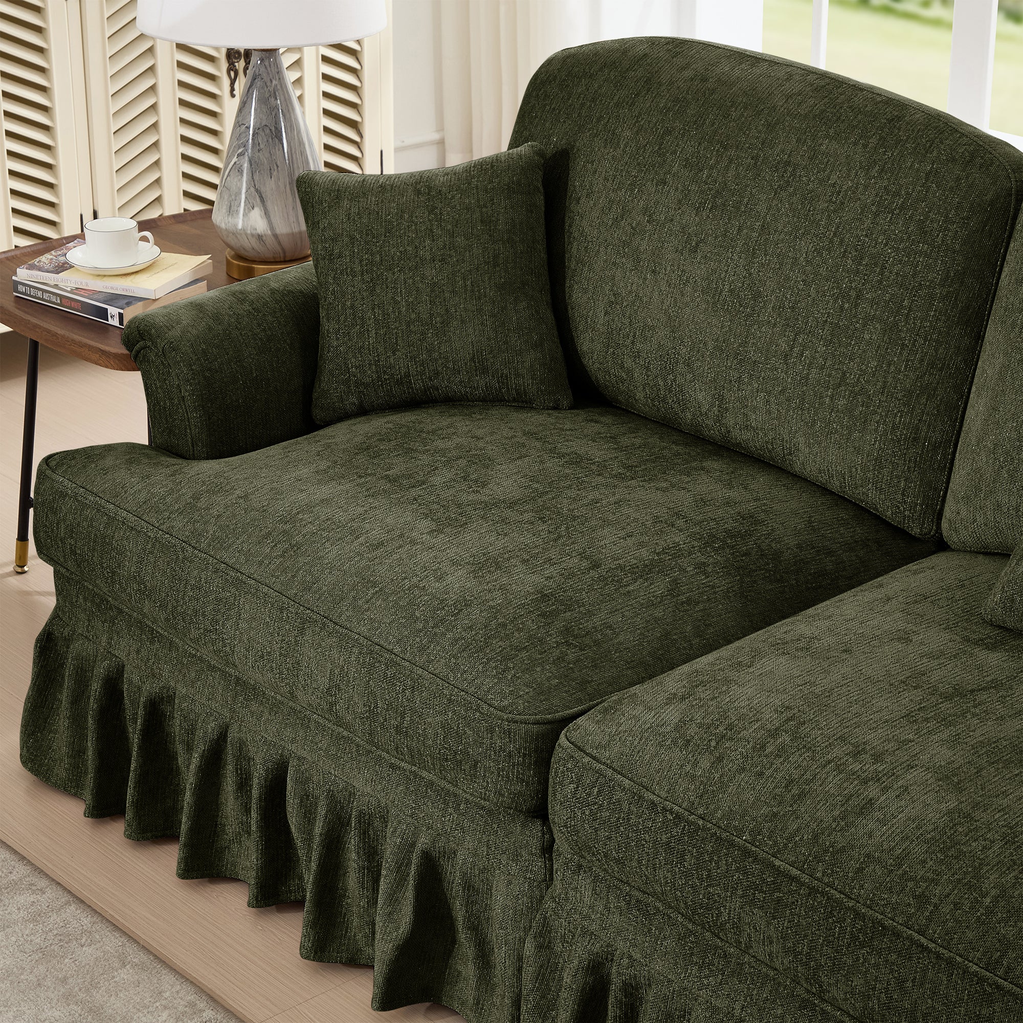 Classic Comfy Modular U Shape Sectional Sofa Couch with Flared Arms and Removable Ruffles Pleats Skirts and Spindle Legs, Upholstered Chenille Deep Seat Cloud Sofa with Movable Ottomans,Green