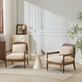 [Set of 2] 26.6' Mid-Century Modern Accent Chair with Light Brown Finish Solid Wood Frame and Rattan Backrest, Beige Cushion with Striped Fabric, Comfy Armchairs for Living Room, Bedroom, Reading Nook