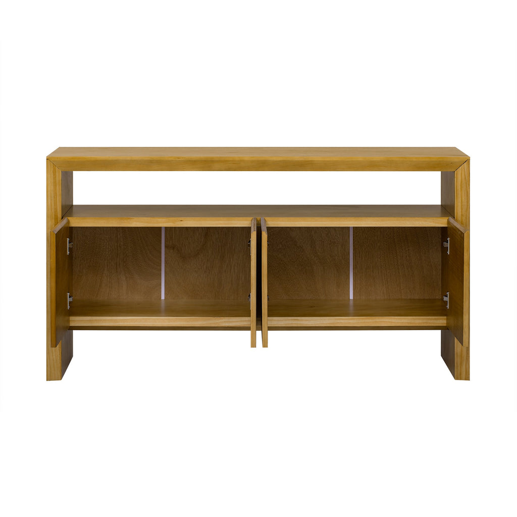 U_Style 60' 4-Door Sideboard, Modern Minimalist Solid Wood Veneer Sideboard with Open Shelf, Natural Wood Grain, Large Capacity Storage Console for Living Room, Hallway, Dining (Black/Natural)