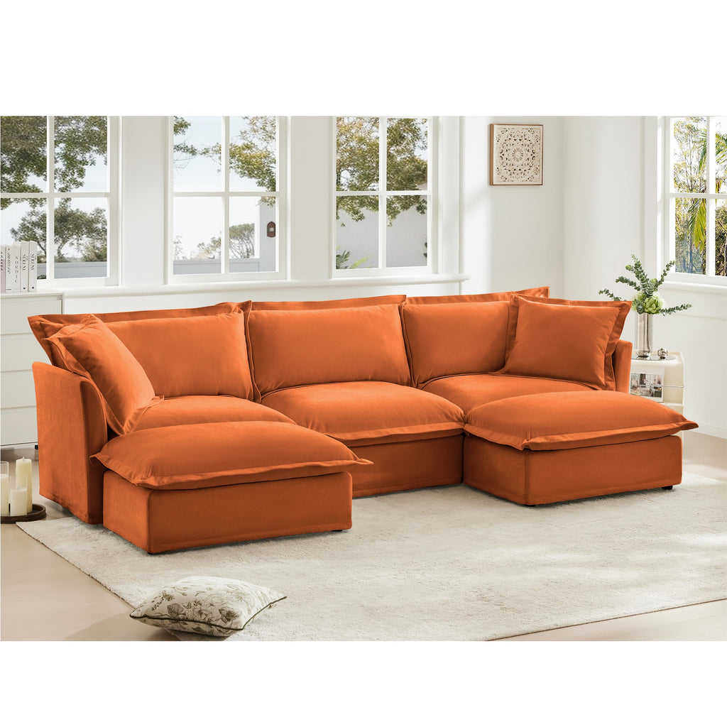 Slipcovered U Shape Sectional Deep Seat Sofa Couch, 3 Seater Sofa with French Edges Design Multiple Big Pillows, Modular Deep Seat Sectional Sofa Comfy Cloud Couch for Living Room, Apartment,Chenille