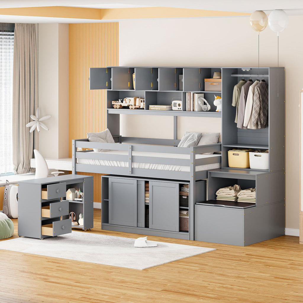 Twin Size Wooden Loft Bed Big Storage with Under-bed Desk, with Drawers, with Shelves, Gray