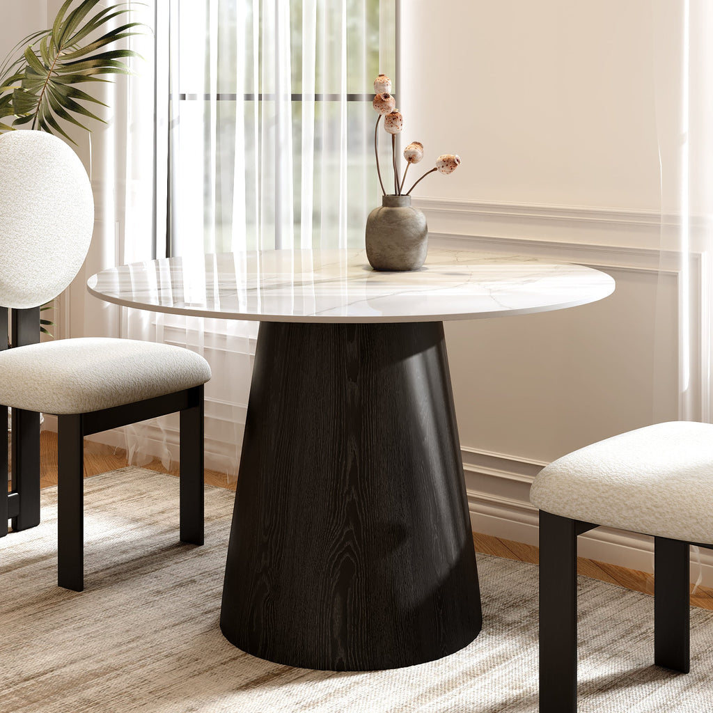Small Round Modern Dining Table 43' Kitchen Table With Black Pedestal For 5 Person - White Grey