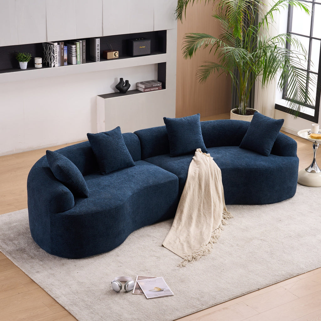 Compression Sponge Sofa Blue Curved Modular Sectional, 30D High-Density Chenille Sleeper Couch for Apartment, Living Room,110'L