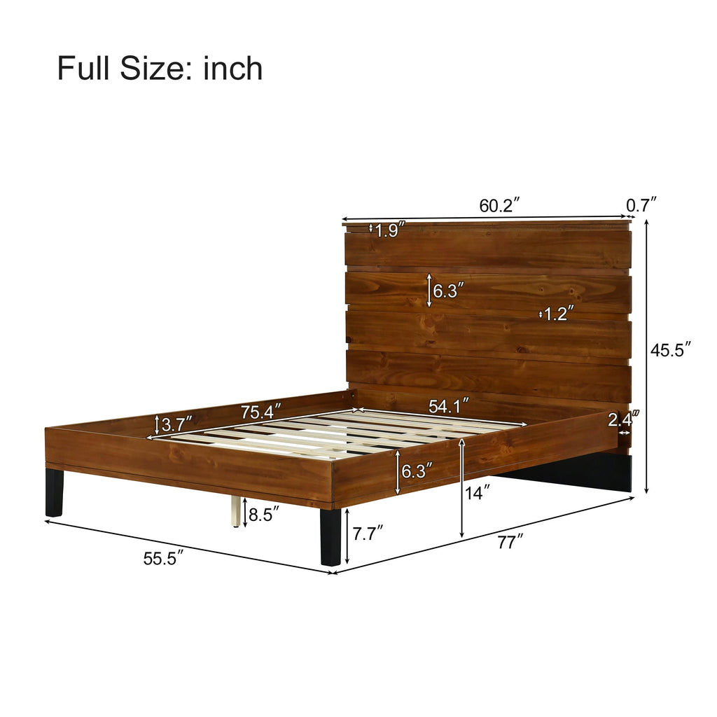 Mid-Century Modern Solid Wood Bed Frame Full Size Platform Bed with Six-Piece Headboard Design, No Box Spring Needed, Brown