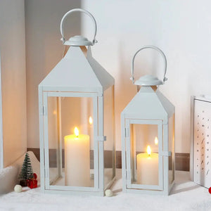 Metal candle lanterns set of 2 in white with glass panels, sizes 17.5in and 13.5in, by JHY DESIGN.