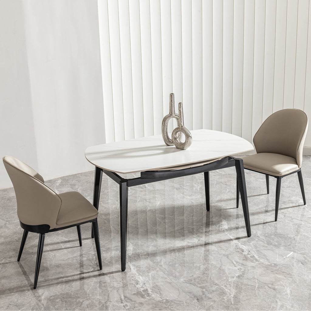 Modern Extendable Round Dining Table with Sintered Stone Top, White & Black, 33.5'' to 51.2''