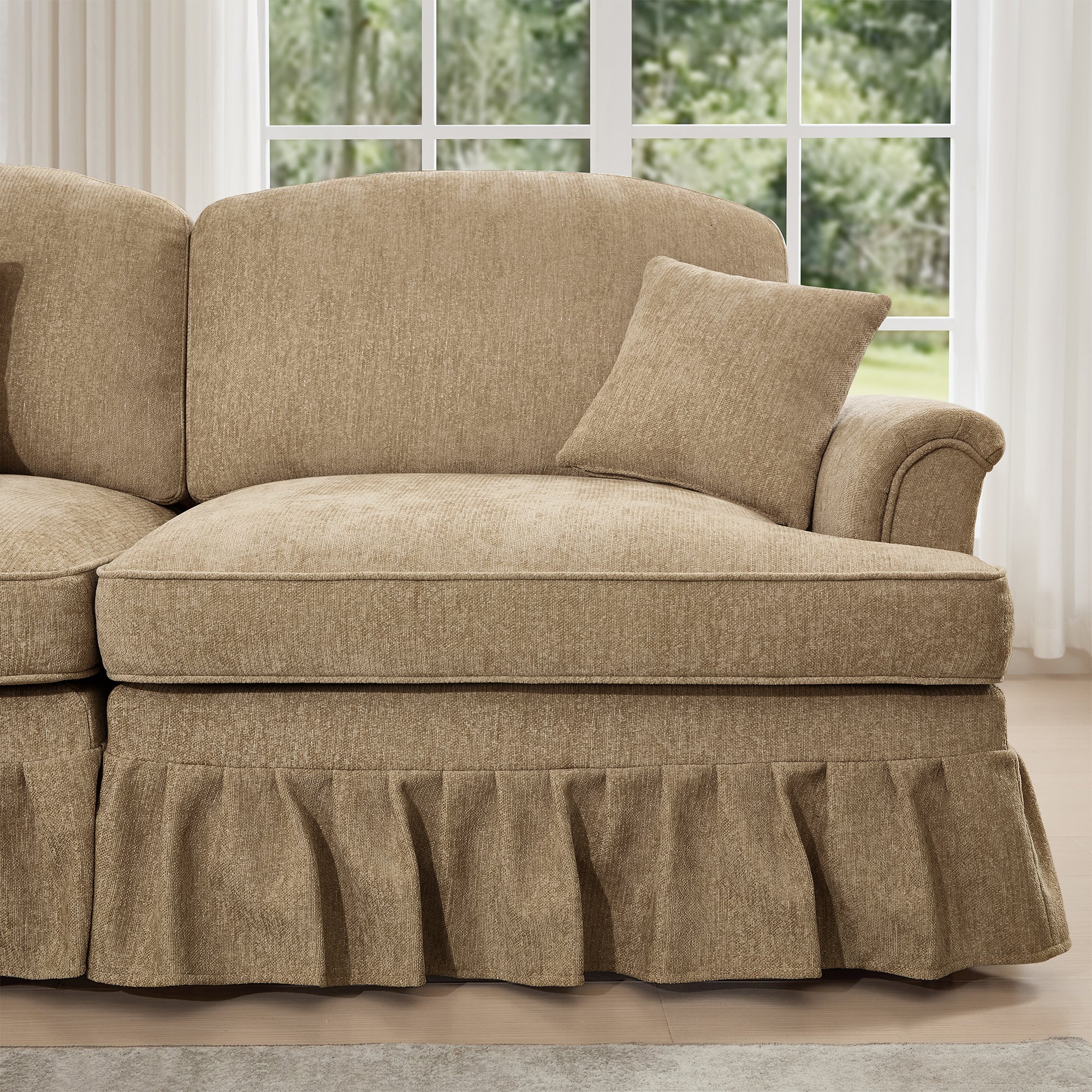 Classic Comfy Modular U Shape Sectional Sofa Couch with Flared Arms and Removable Ruffles Pleats Skirts and Spindle Legs, Upholstered Chenille Deep Seat Cloud Sofa with Movable Ottomans, Light Coffee