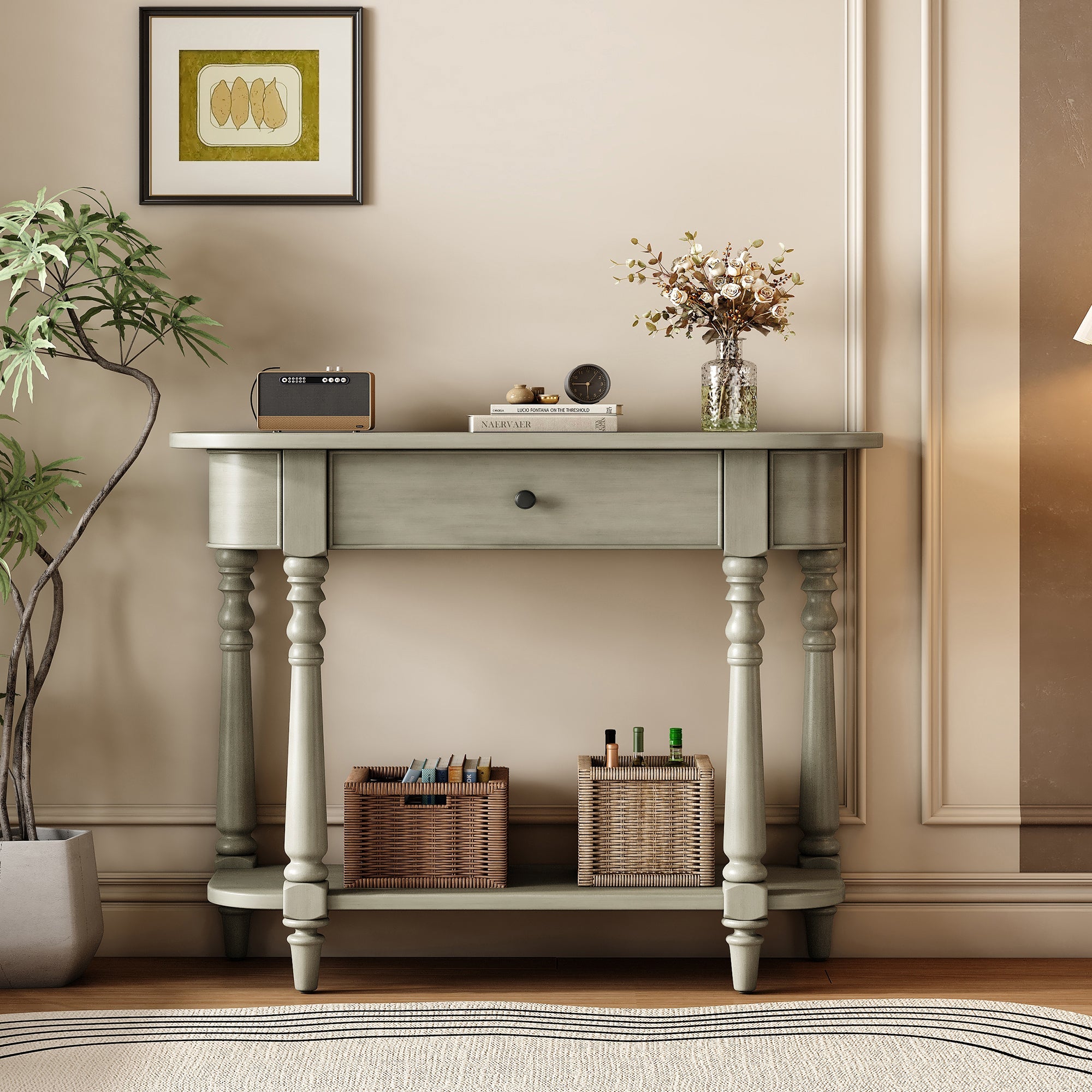 TREXM Narrow Console Table with Curved Corner, Retro Entryway Table with Top Drawer and Open Shelf, Sofa Table Console Tables for Entryway, Hallway and Living Room (Gray)