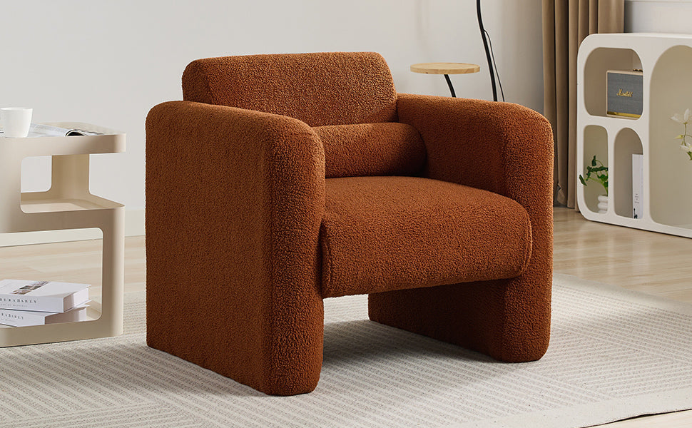 Modern Accent Chair Lambskin Sherpa Fabric Upholstered Comfy Reading Arm Chair Soft Padded Armchair with Back and Pillow for Living Room Bedroom Reception Waiting Room Office,Burnt Orange