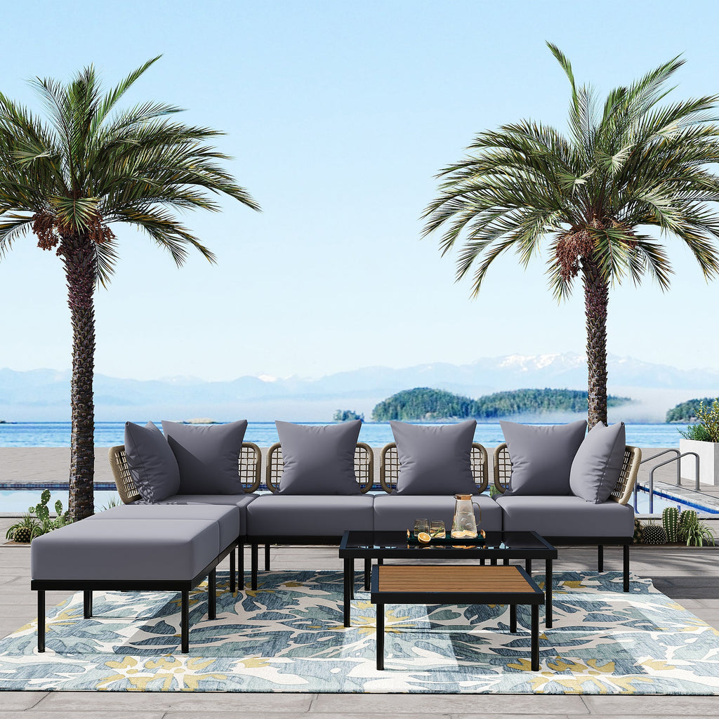 TREXM 8-Piece Patio Sectional Sofa Set with Tempered Glass Coffee Table and Wooden Coffee Table for Outdoor Oasis, Garden, Patio and Poolside (Light Grey Cushion + Black Steel)