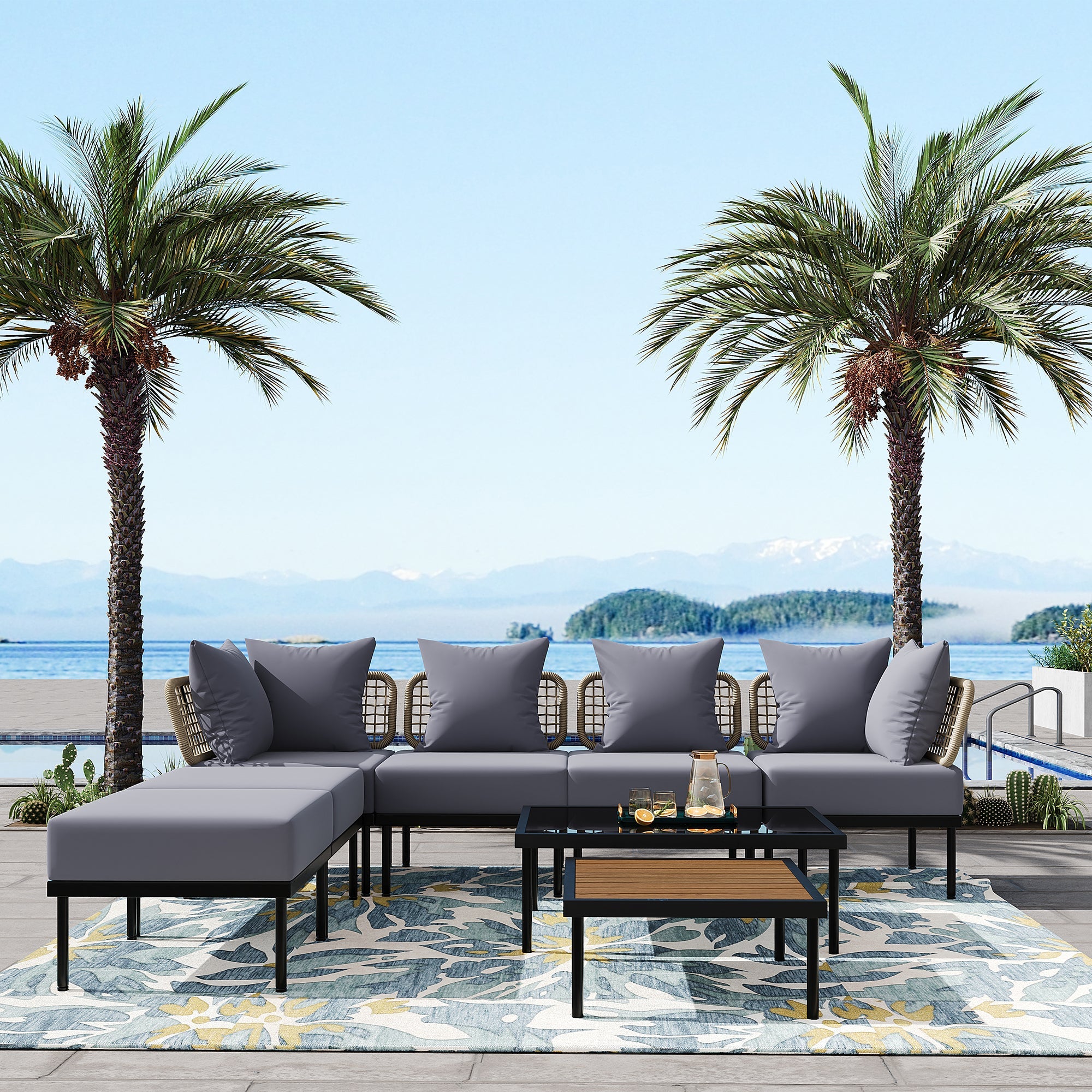TREXM 8-Piece Patio Sectional Sofa Set with Tempered Glass Coffee Table and Wooden Coffee Table for Outdoor Oasis, Garden, Patio and Poolside (Light Grey Cushion + Black Steel)