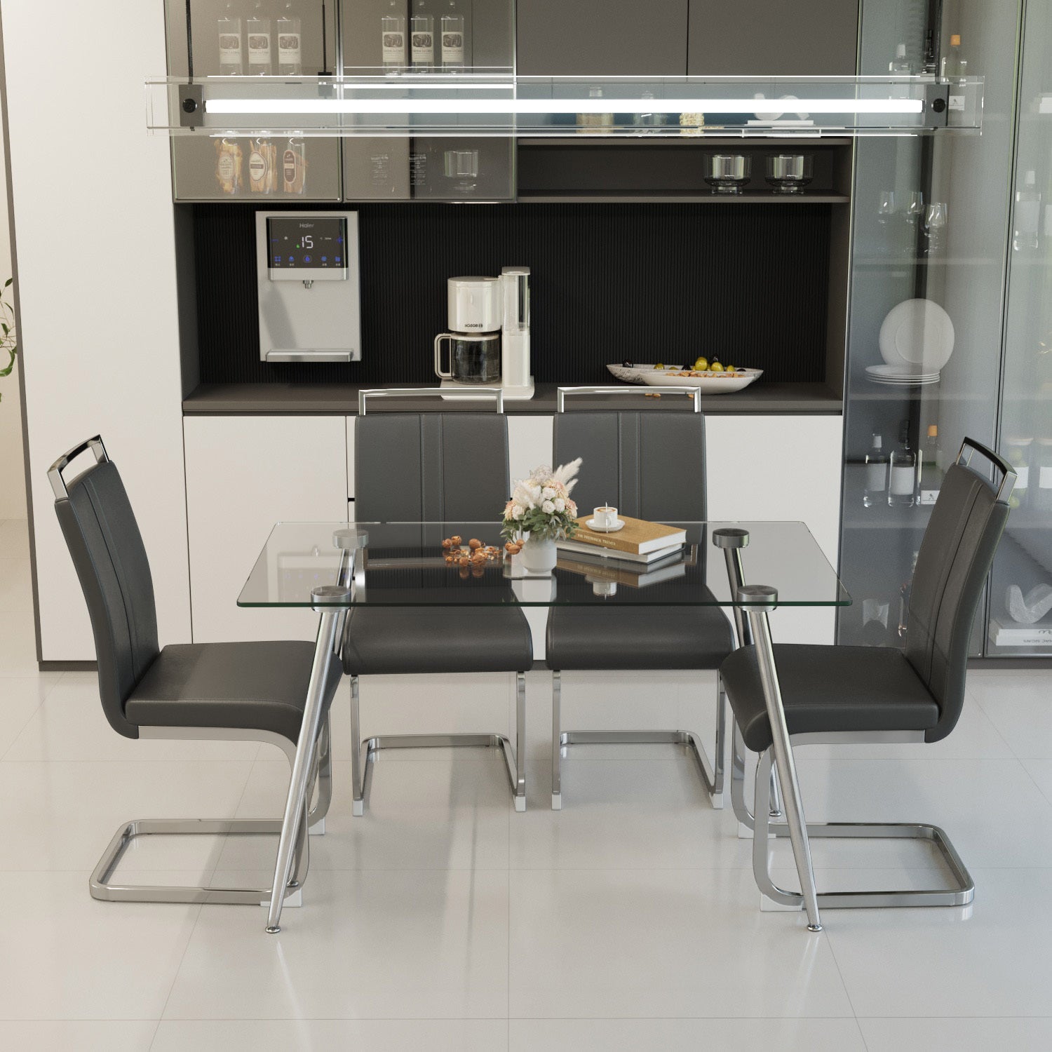 Glass Dining Table, Modern Rectangular Table with Tempered Glass Tabletop & Sliver metal Legs, Simplistic Kitchen Table, Versatile Table for Home Office (0 damage)