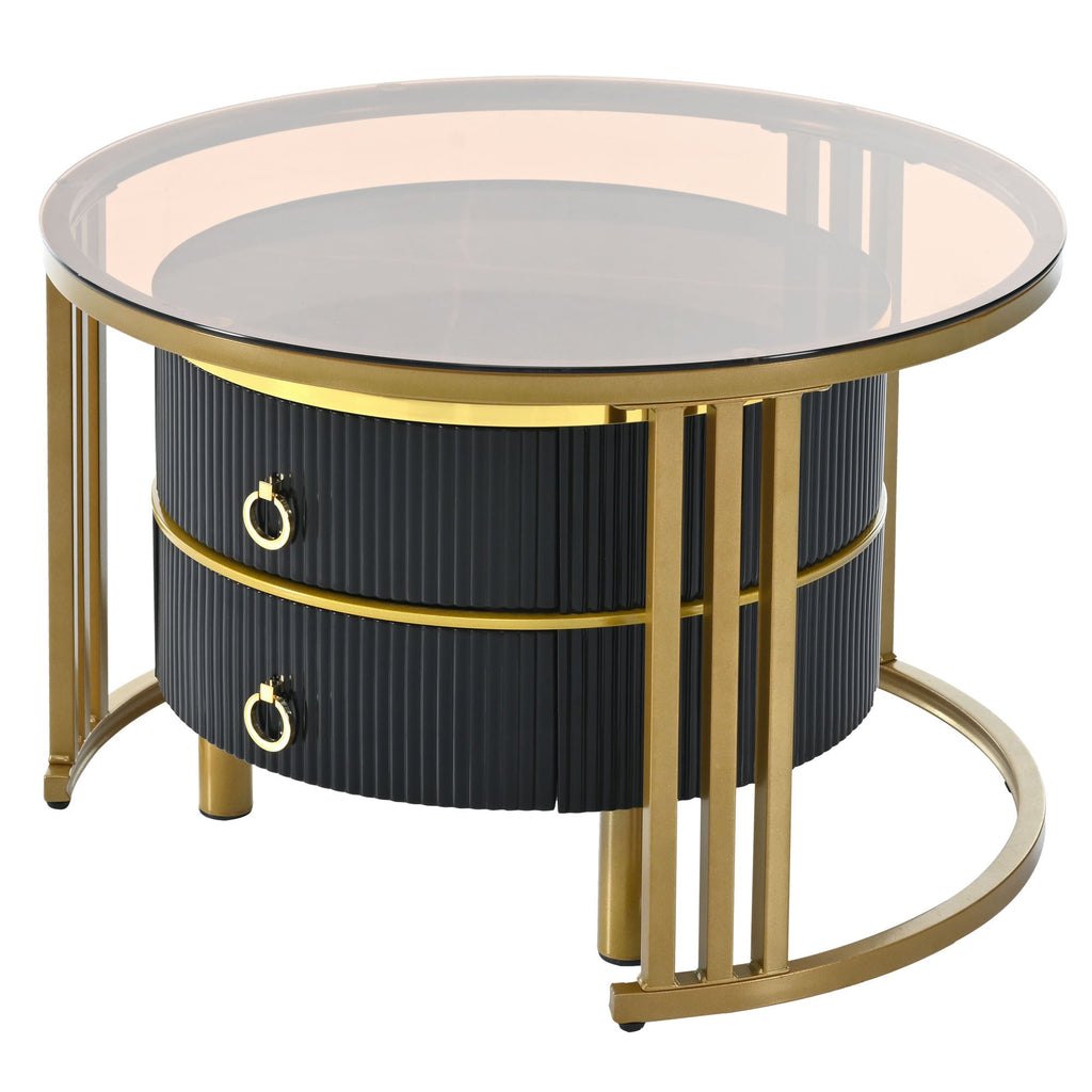 ON-TREND Φ27.5'' & Φ19.6'' Stackable Coffee Table with 2 Drawers, Nesting Tables with Brown Tempered Glass and High Gloss Marble Tabletop, Set of 2, Round Center Table for Living Room, Black