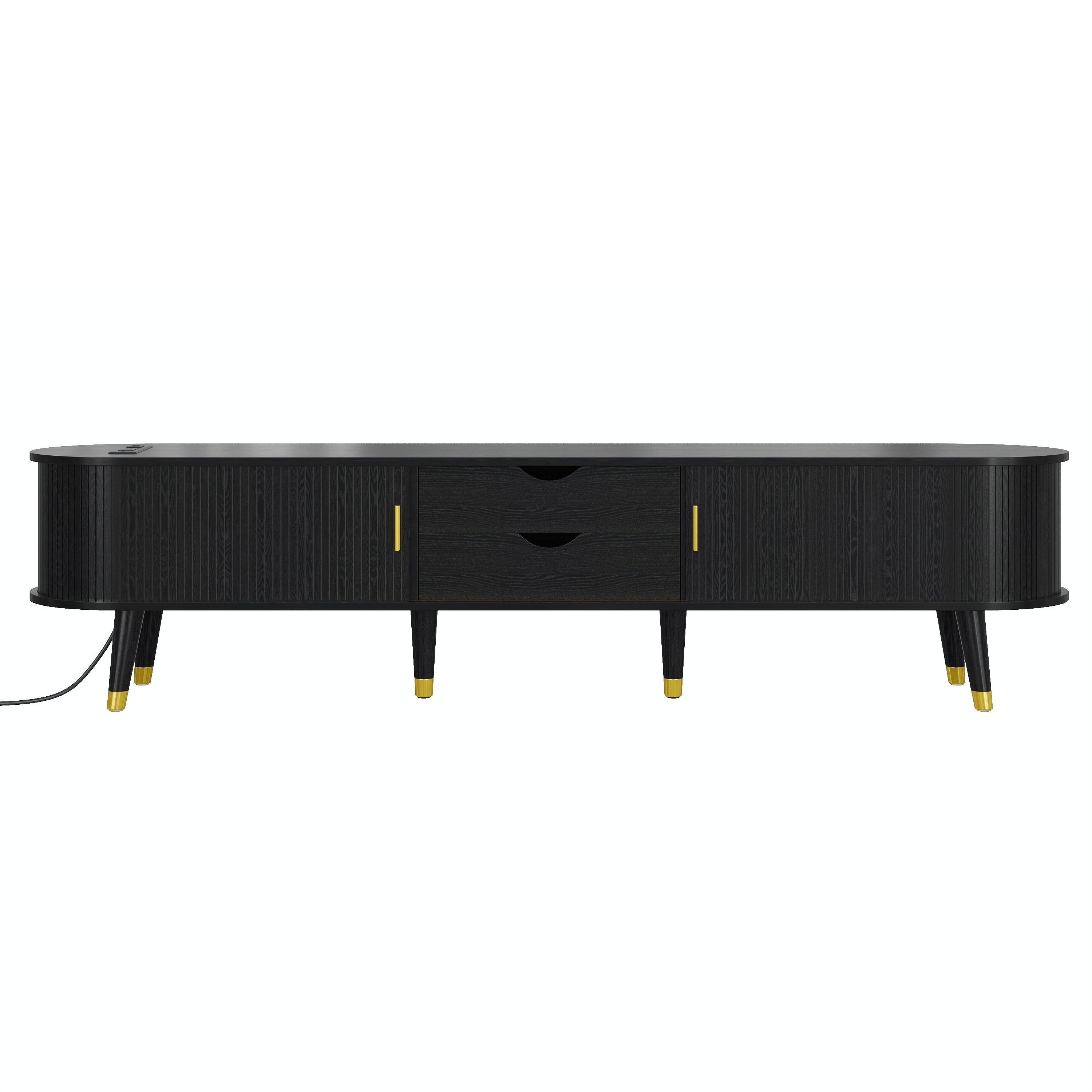 Wooden Farmhouse TV Stand & Coffee Table Set with Charging Station, Oval Fluted Media Console with Sliding Doors for TVs up to 80', Mid-Century Center Table with Solid Wood Legs for Living Room,Black