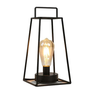 Retro geometric table lamp, 12in tall, black metal frame with Edison bulb