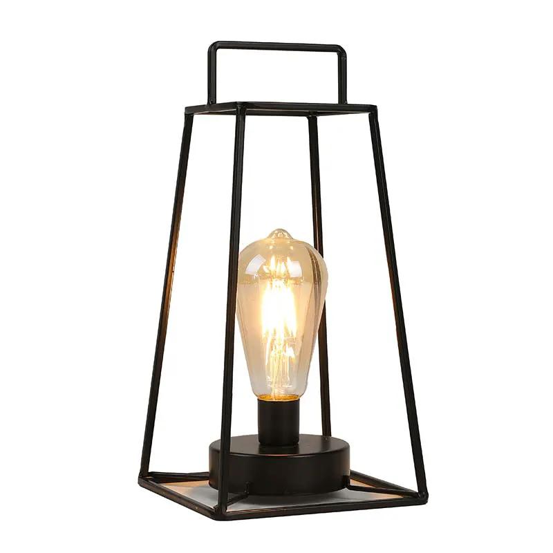 Retro geometric table lamp, 12in tall, black metal frame with Edison bulb