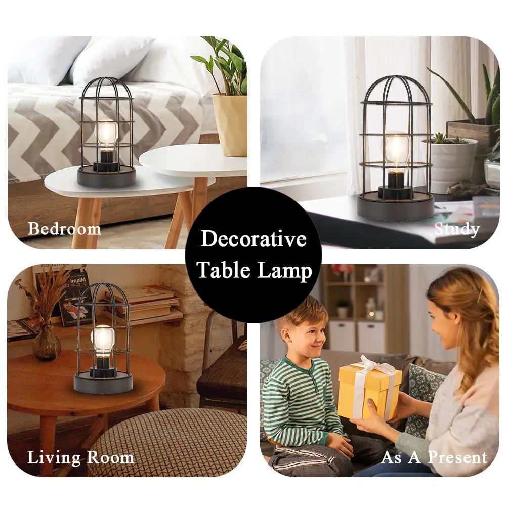 Decorative cordless table lamp by JHY DESIGN, 9.5in H, metal cage with LED bulb, black