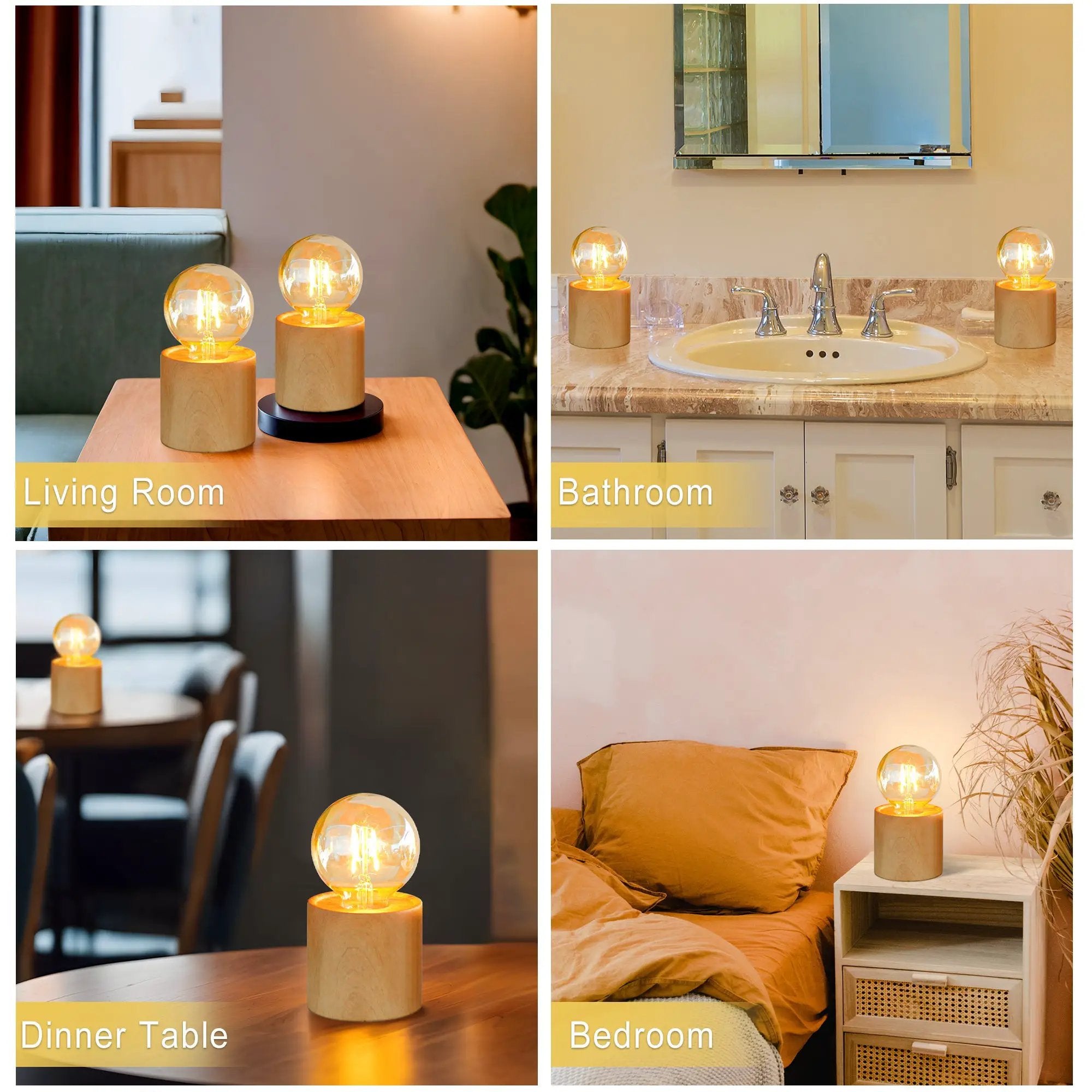 Set of 4 wood grain battery-operated table lamps with clear glass globes