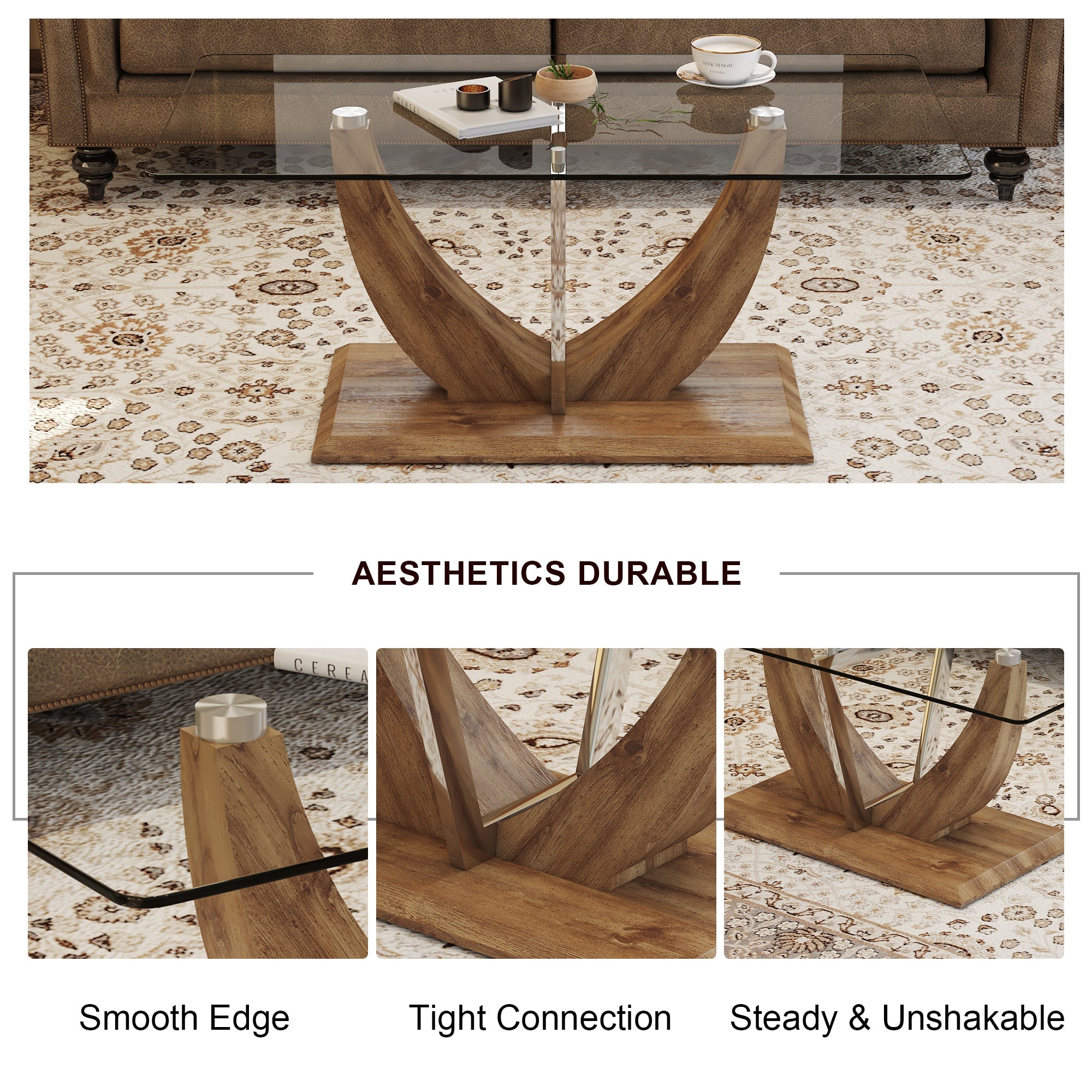Modern minimalist transparent tempered glass coffee table with wooden MDF legs and stainless steel decorative columns. Computer desk. Game table. CT-907