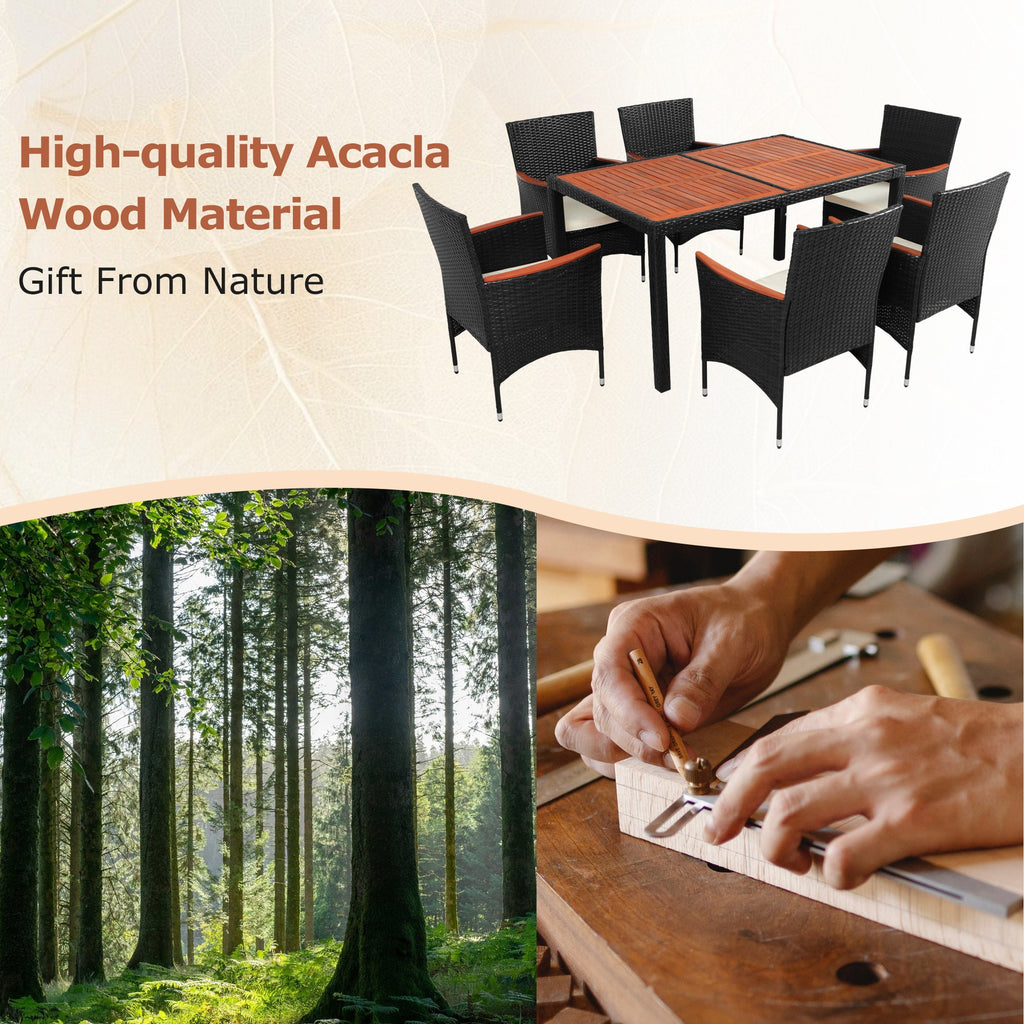 7-Piece Outdoor Patio Dining Set, Garden PE Rattan Wicker Dining Table and Chairs Set, Acacia Wood Tabletop, Stackable Armrest Chairs with Cushions, Reddish-brown