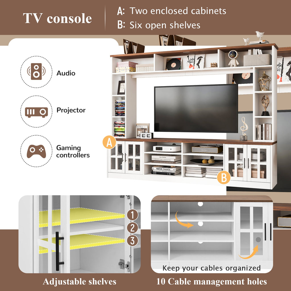 U-Can 95.5' W Wall Unit Entertainment Center with Bookshelves for TVs up to 80', Modern TV Stand Media Console with Cabinets, Tempered Glass Doors and Adjustable Shelves for Living Room
