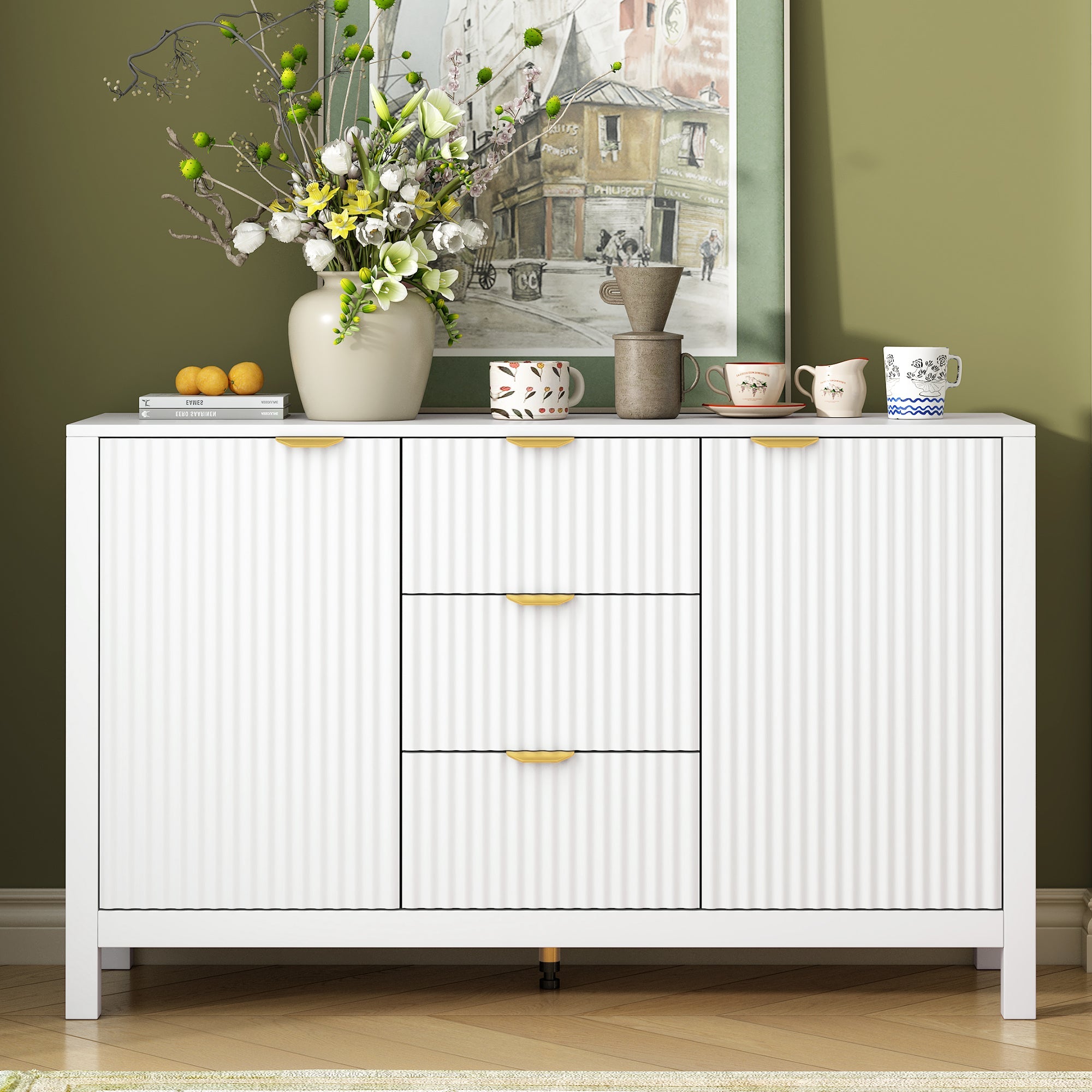 U_STYLE Sideboard with Wave Design - 3 Adjustable Shelves, 3 Drawers & Soft-Close Doors, Storage Console Table with Metal Handles, Suitable for Study, Hallway and Living Room, 3 Colors