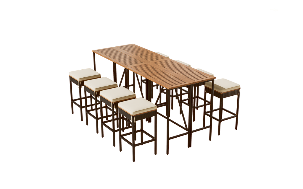 GO 10-Piece Outdoor Acacia Wood Bar Height Table And Eight Stools With Cushions, Garden PE Rattan Wicker Dining Table, Foldable Tabletop, High-Dining Bistro Set, All-Weather Patio Furniture, Brown