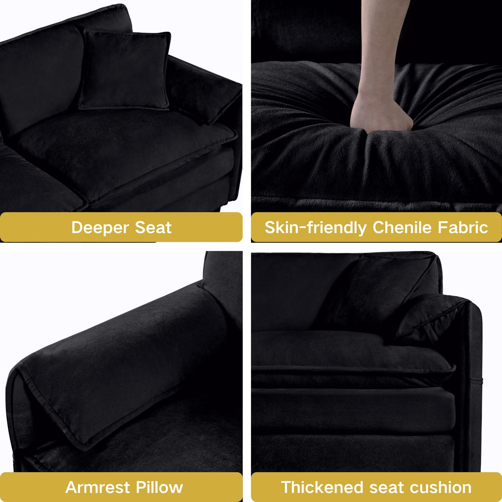 Oversized Deep Seat Sectional Cloud Sofa Sleeper with 3 Ottomans & Soft Pillows, Modular Couch Bed for Living Room, Apartment, DIY Combination Chenille,Black