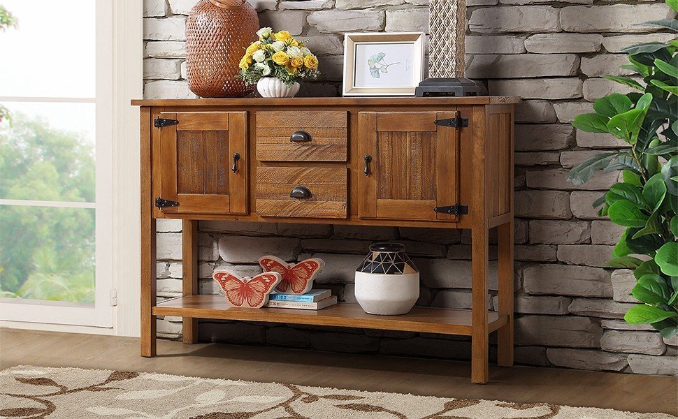 48'' Solid Wood Sideboard Console Table with 2 Drawers and Cabinets and Bottom Shelf, Retro Style Storage Dining Buffet Server Cabinet for Living Room Kitchen Dining Room(Brown)