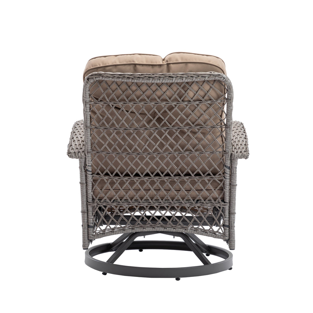 3 Pieces Outdoor Swivel Rocker Patio Chairs, 360 Degree Rocking Patio Conversation Set with Thickened Cushions and Glass Coffee Table for Backyard, Khaki