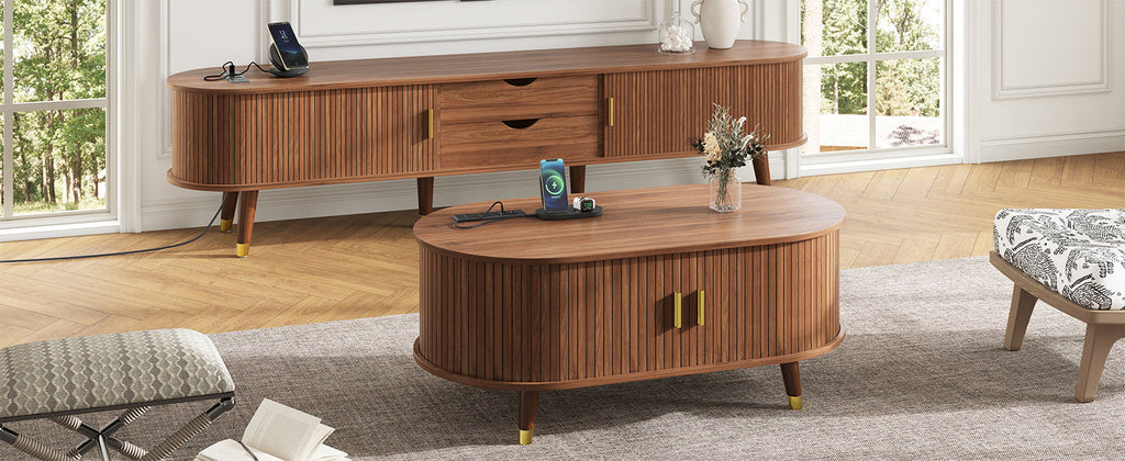 Wooden Farmhouse TV Stand & Coffee Table Set with Charging Station, Oval Fluted Media Console with Sliding Doors for TVs up to 80', Mid-Century Center Table with Solid Wood Legs for Living Room,Walnut