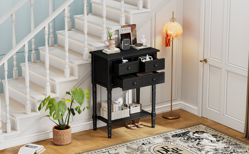 TREXM Narrow Console Table, Slim Sofa Table with Three Storage Drawers and Bottom Shelf (Black)