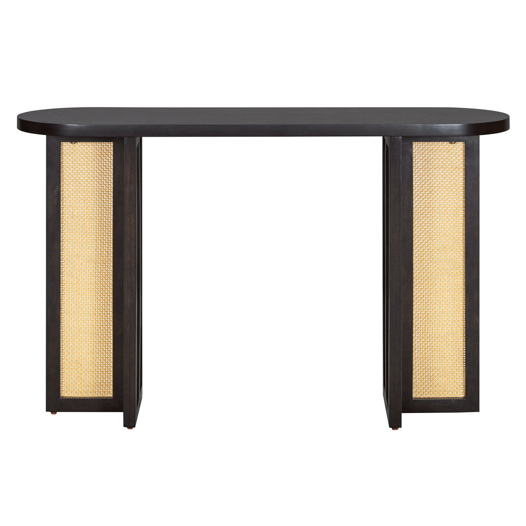 TREXM Farmhouse Rattan Console Table Entryway Table, Narrow Console Table with Storage, Hallway Table for Living Room, Entrance (Espresso)