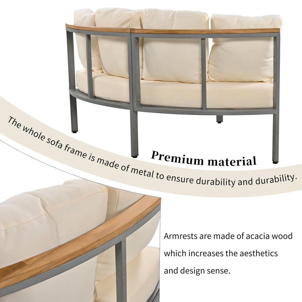 U-style Patio Furniture Set, 4 Piece Round Outdoor Conversation Set All Weather Metal Sectional Sofa with Cushions