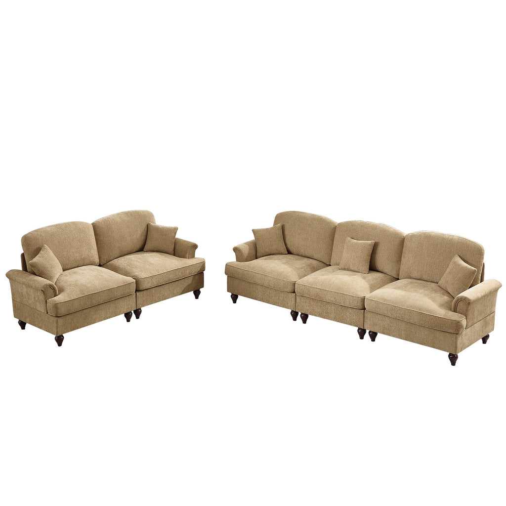 Classic 2 Piece Modular Couch Living Room Sofa Set with Flared Arms and Removable Ruffles Pleats Skirts and Spindle Legs, 3 Seater Sofa + 2-Seat Loveseat Sofa Sets for Living Room, Light Coffee
