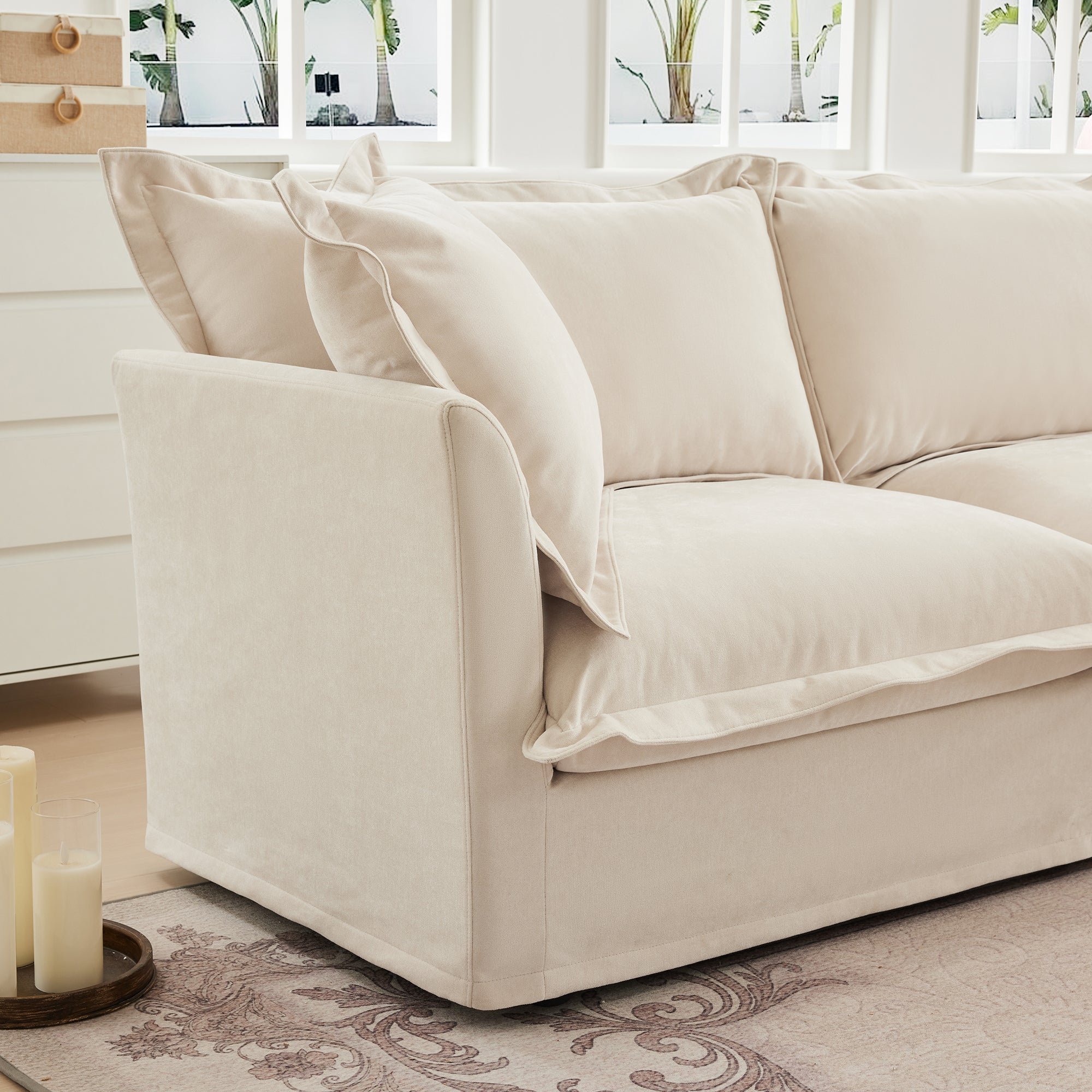Slipcovered Sofa 2 Seater Sofa    With 2 Ottomans, 2 Seater Sleeper Sofa Bed Home Theater Oversized Sofa For Living Room, Chenille, Cream