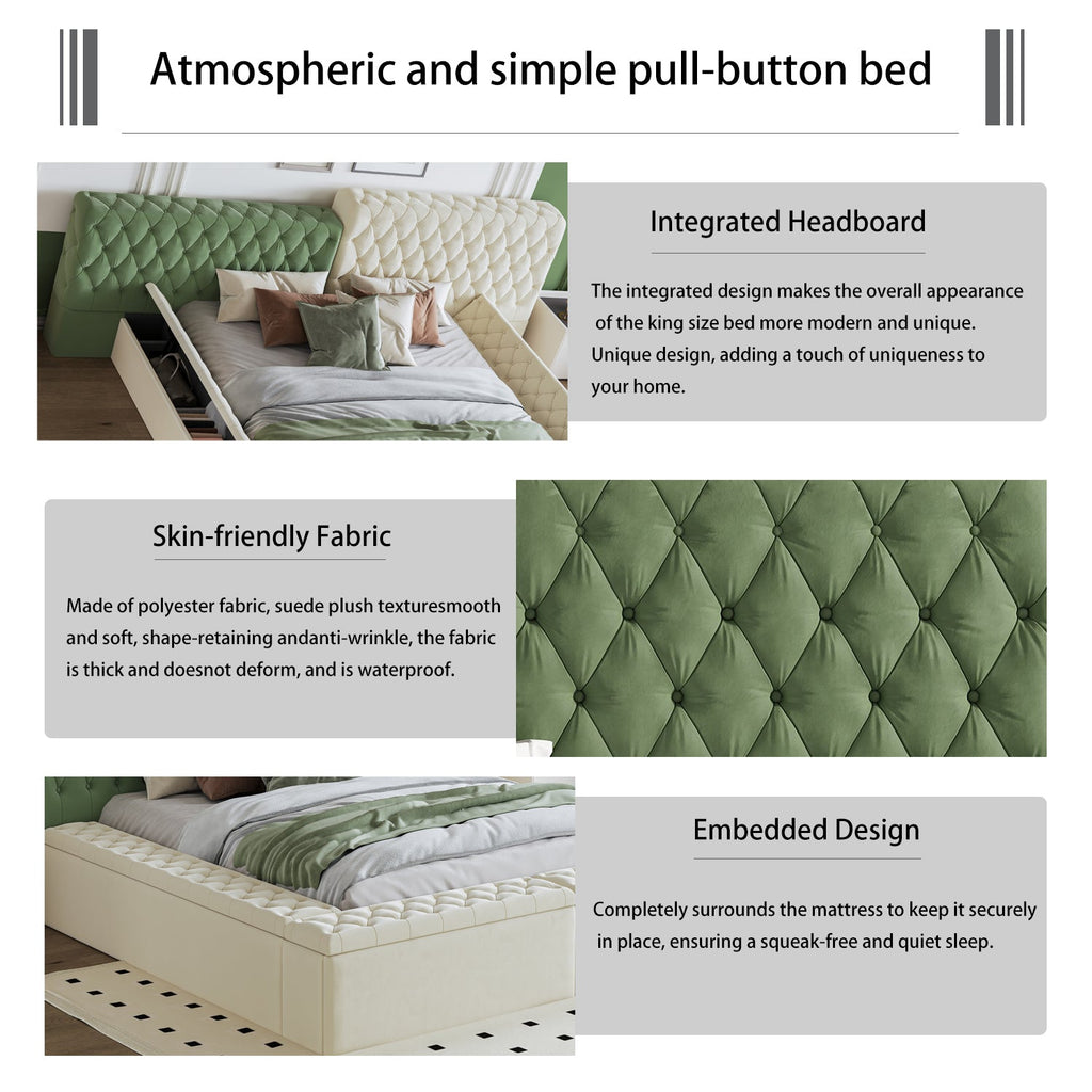 Contemporary Special-shaped Fully Upholstered Bed with Deep Button Tufting and Storage Compartments in Rails and Footboard,No Box Spring Needed,King,Green