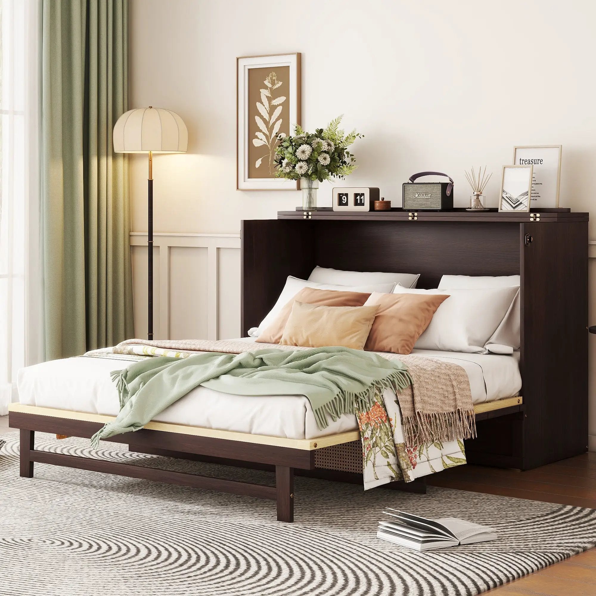 Queen Size Murphy Bed, Pine Wood Cabinet Bed with Rattan Decoration and Storage Drawer,Espresso