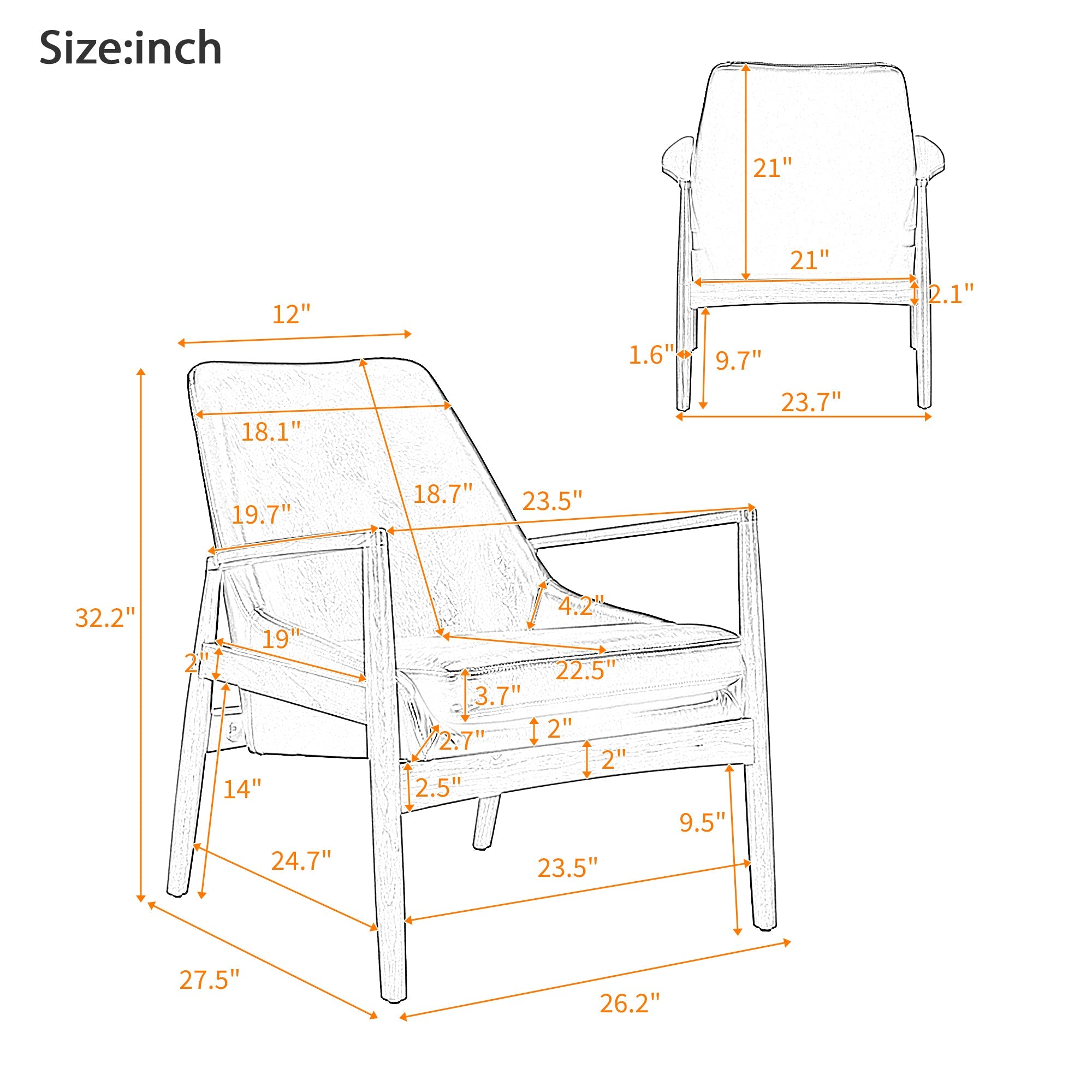 U-Can Accent Chair, Mid-Century Modern Armchair with with Solid Wood Frame, Reading Leisure Chair with High Back for Living Room