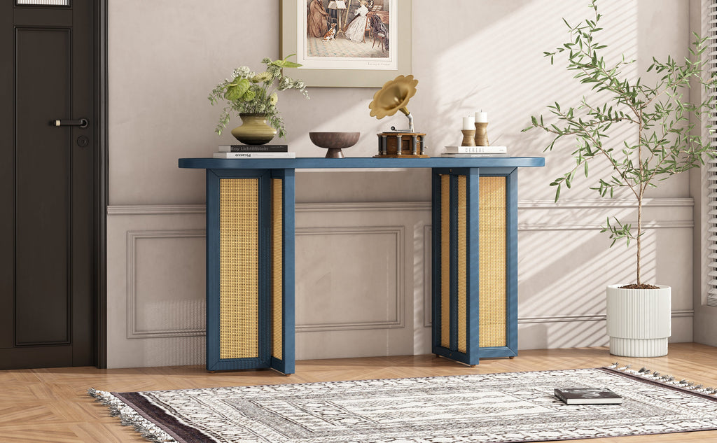 TREXM Farmhouse Rattan Console Table Entryway Table, Narrow Console Table with Storage, Hallway Table for Living Room, Entrance (Navy)