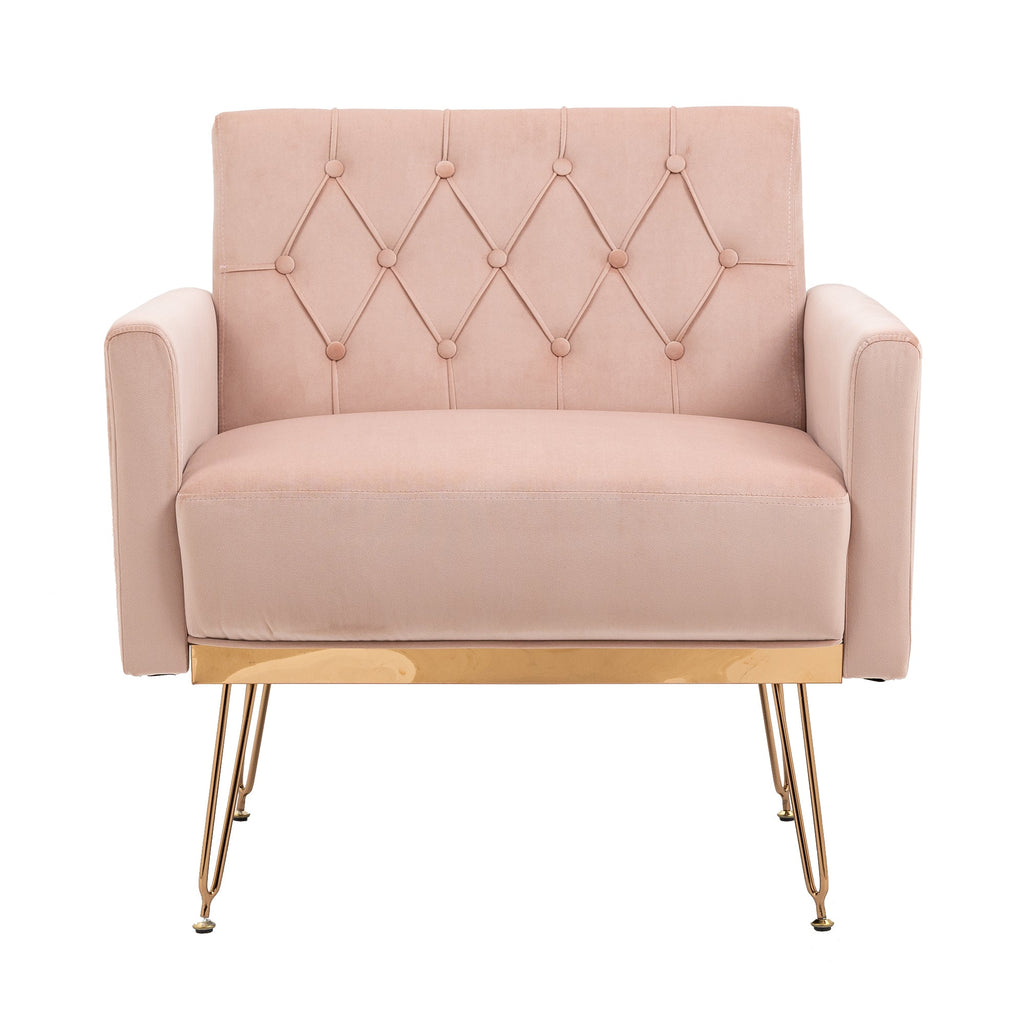 COOLMORE Velvet Armchair Single Sofa Modern Tufted Upholstered Side Reading Chairs with Arm and Gold Metal Leg for Living Room Bedroom (Pink)