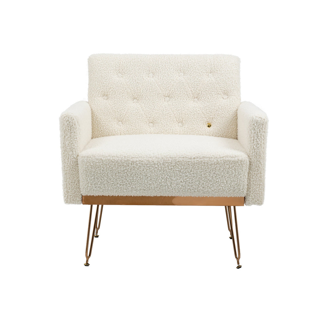 COOLMORE  Armchair Single Sofa Modern Tufted Upholstered Side Reading Chairs with Arm and Gold Metal Leg for Living Room Bedroom (White teddy )