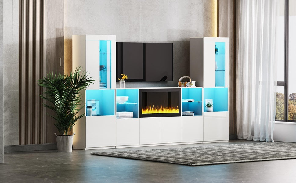 ON-TREND Modern TV Stand with 34.2' Non-heating Electric Fireplace, High Gloss Entertainment Center with LED Lights, Media Console with Tempered Glass Shelves for TVs up to 75', White