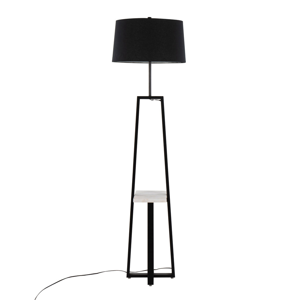 Cosmo Shelf Contemporary/Glam Floor Lamp in White Marble and Black Metal with Black Linen Shade by LumiSource