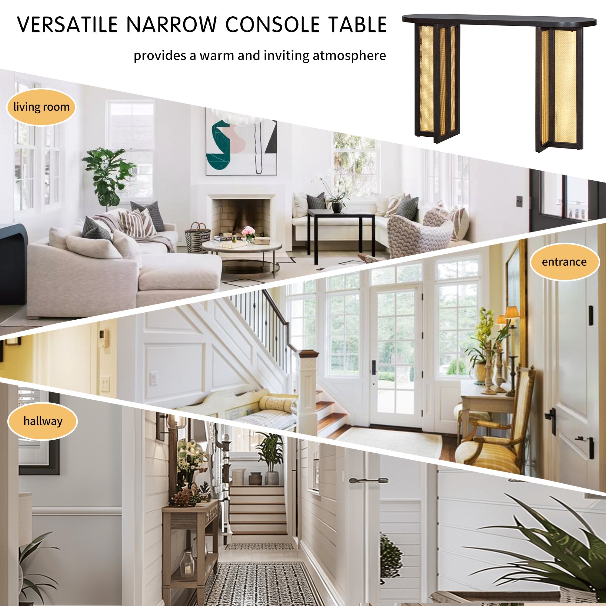 TREXM Farmhouse Rattan Console Table Entryway Table, Narrow Console Table with Storage, Hallway Table for Living Room, Entrance (Espresso)