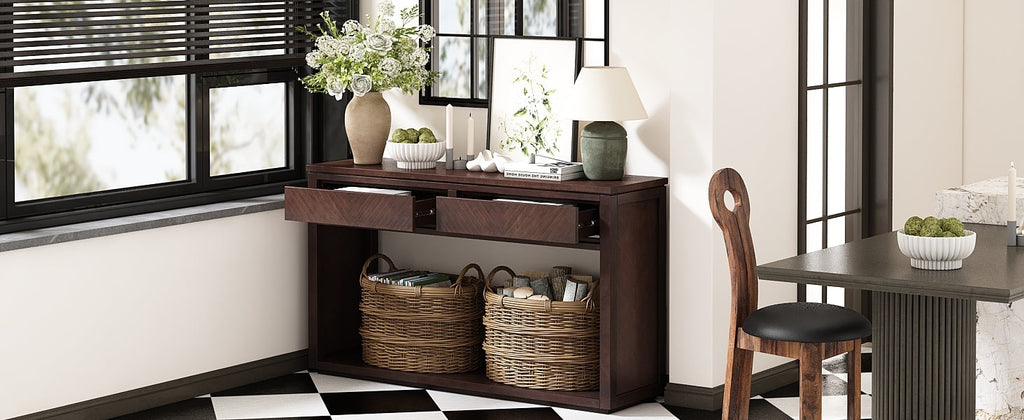 TREXM 55' Console Table, Rustic Wooden Entryway Table with Storage Drawers and Open Shelf, Elegant Sofa Table for Hallway and Living Room (Espresso)