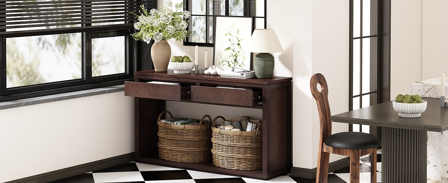 TREXM 55' Console Table, Rustic Wooden Entryway Table with Storage Drawers and Open Shelf, Elegant Sofa Table for Hallway and Living Room (Espresso)